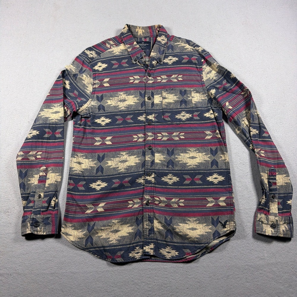American Eagle Southwestern Shirt‎ Men Medium Classic Fit Blue Red Tan Western